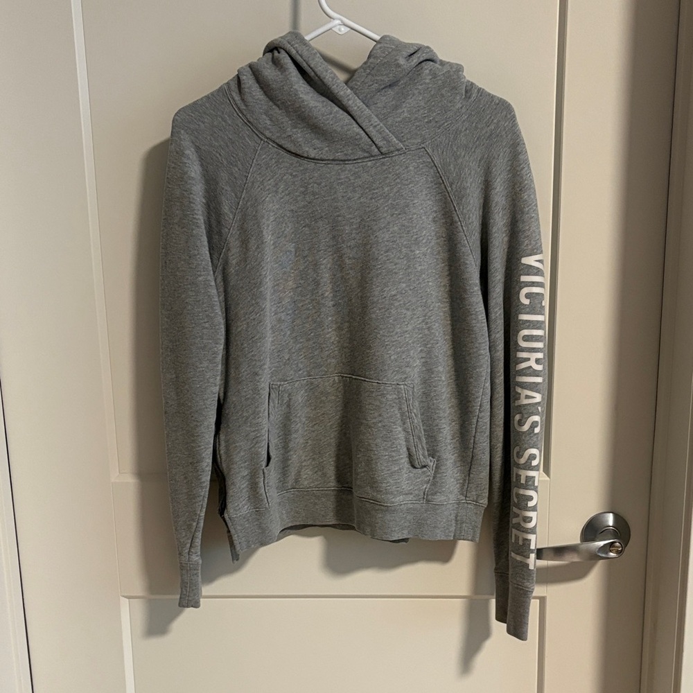 Victoria's Secret Gray Hooded Sweatshirt with Sleeve Script and side zipper